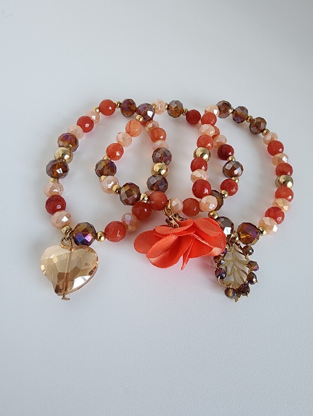 Boho Beaded Bracelet Set Heart Leaf Flower Charms Stretch Stackable